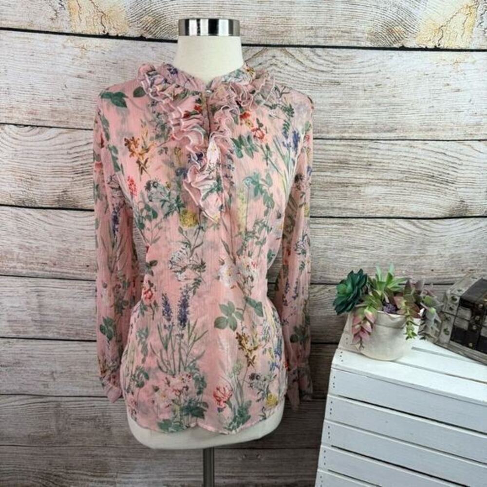 Ellen Weaver Ruffle Floral Pink Long‎ Sleeve Blouse Top Size Large